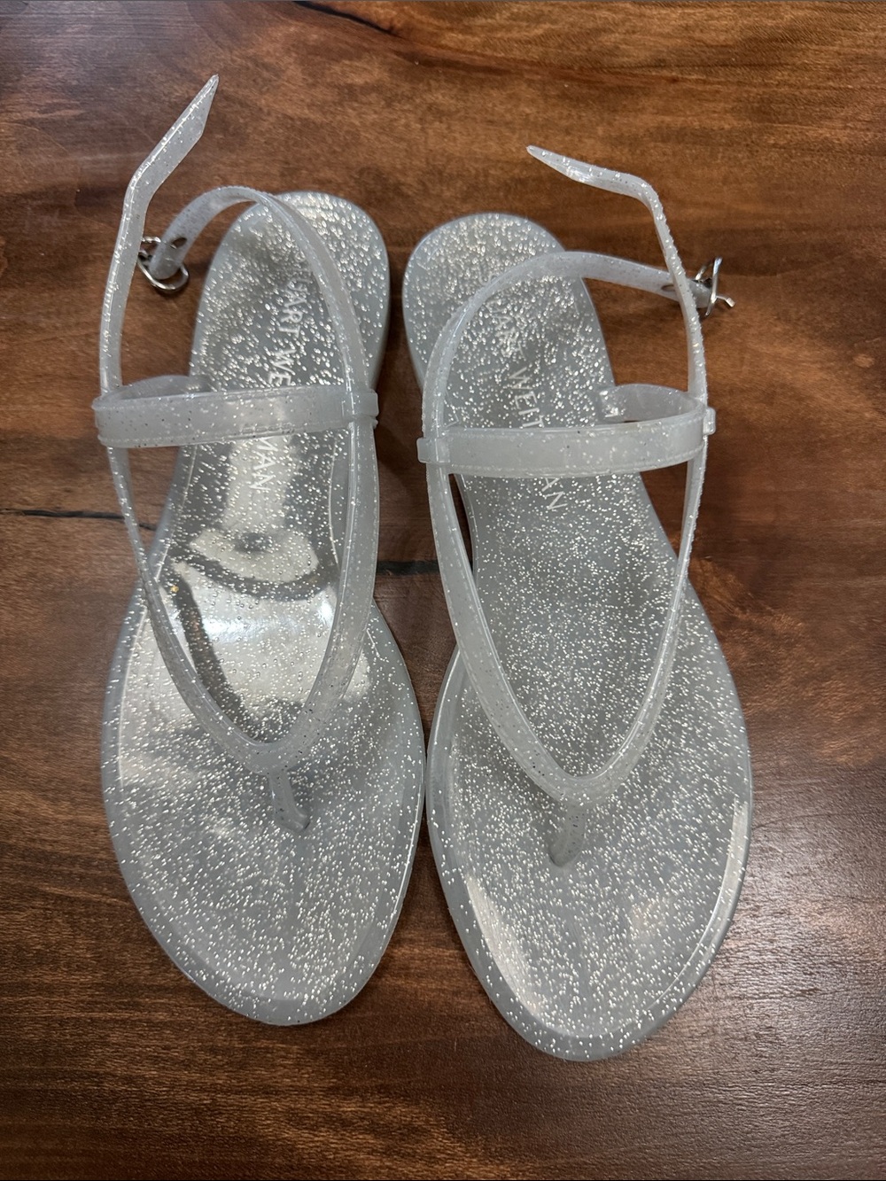 Stuart Weitzman Clear Glitter Jelly Thong Sandals